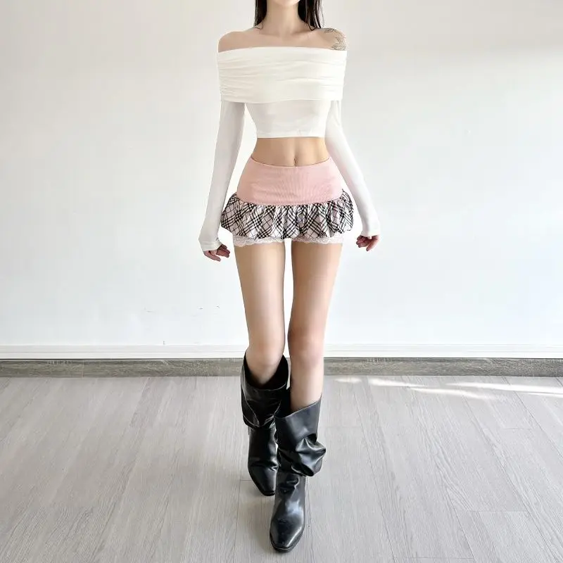

Sweet and Spicy Style Pattern Lace Shorts Women's Splicing Fake Two-piece Bud Skirt Low-rise Slim Pants