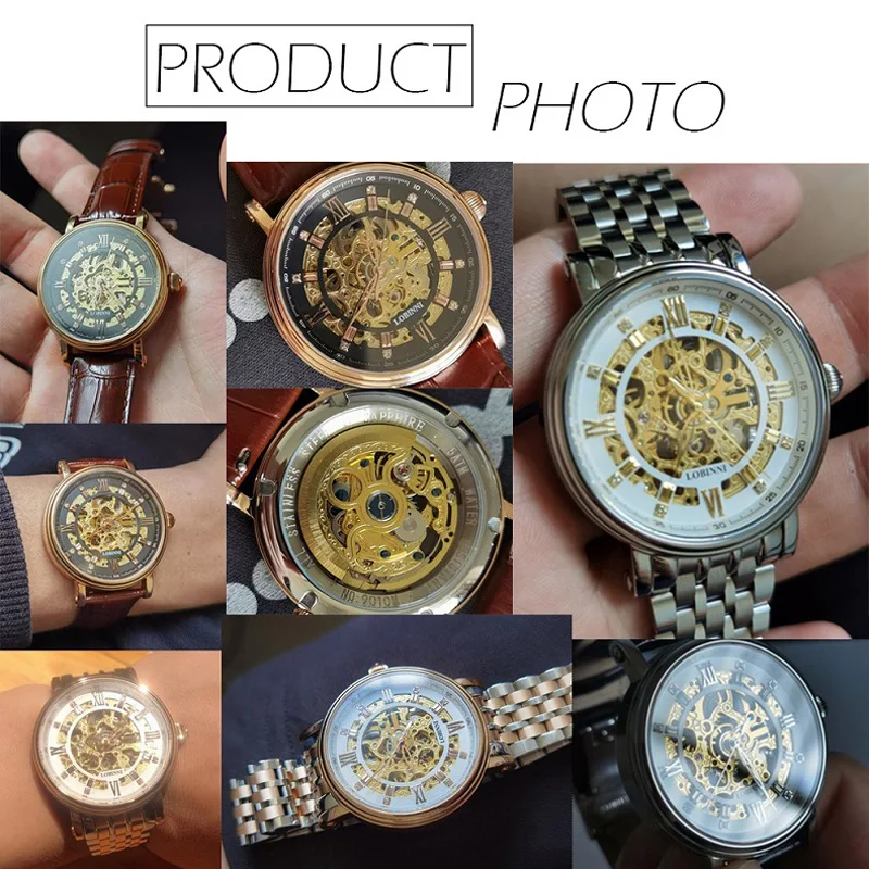 LOBINNI Orologi automatici da uomo d'affari vintage quadrante scheletrato orologi meccanici con cinturino in pelle marrone tono oro rosa