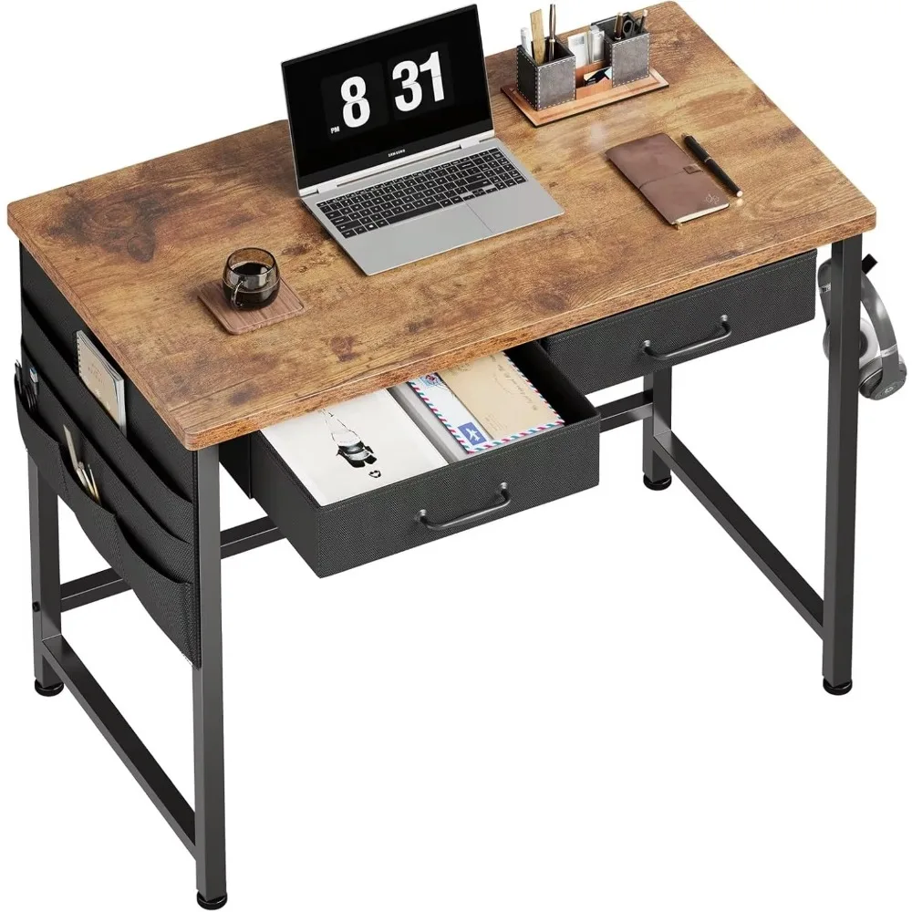 

Small Desk with Drawers, 31.5 inch Small Computer Desk, for Small Spaces, Small Office Desk with Metal Frame, Rustic Brown