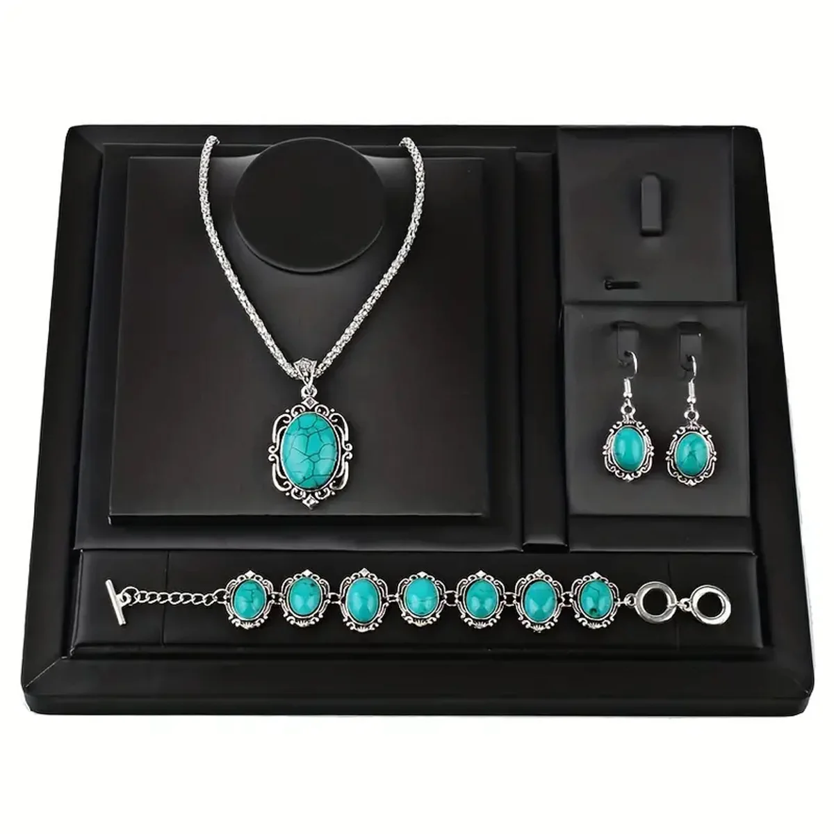 3pcs Women\'s Vintage Turquoise Bracelet Necklace Earrings Set, Healing Stone Decoration Gift(Without Box)