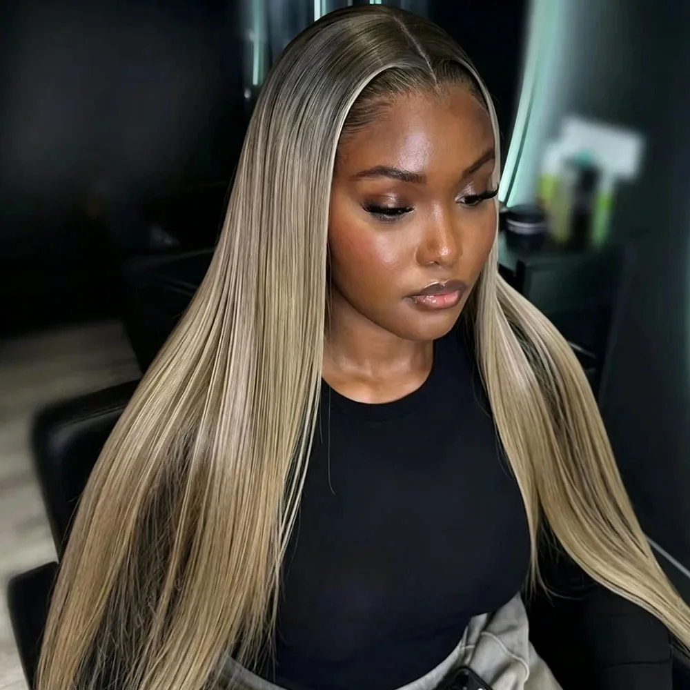 Aschblonde Highlights Balayage Klebefreie Knochenglatte U-Part-Perücke Weiche 100% Echthaar-Perücke V-Part-Perücke für Frauen – Detail 5