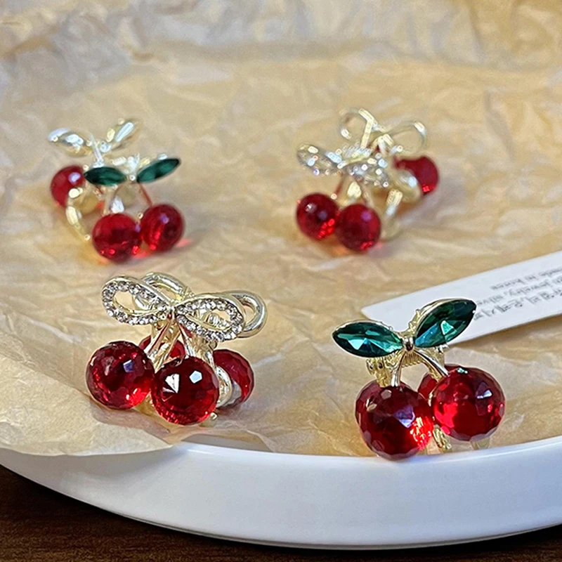 Cute Cherry Hair Claw Clips for Women Girls Candy Gold Rhinestones Hairpin Crab Crystal Headwear Styling Alloy Hair Accessories