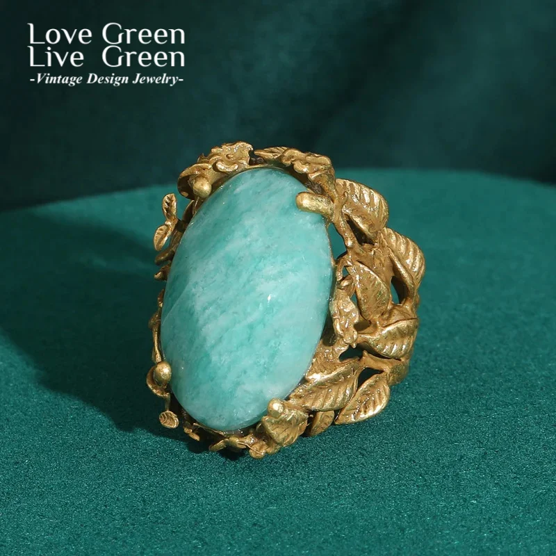 

Vintage Carved Flower Blue Oval Natural Stone Ring Adjustable Gold Color Leaf Wedding Bridal Luxury Designer Copper Jewelry 2025