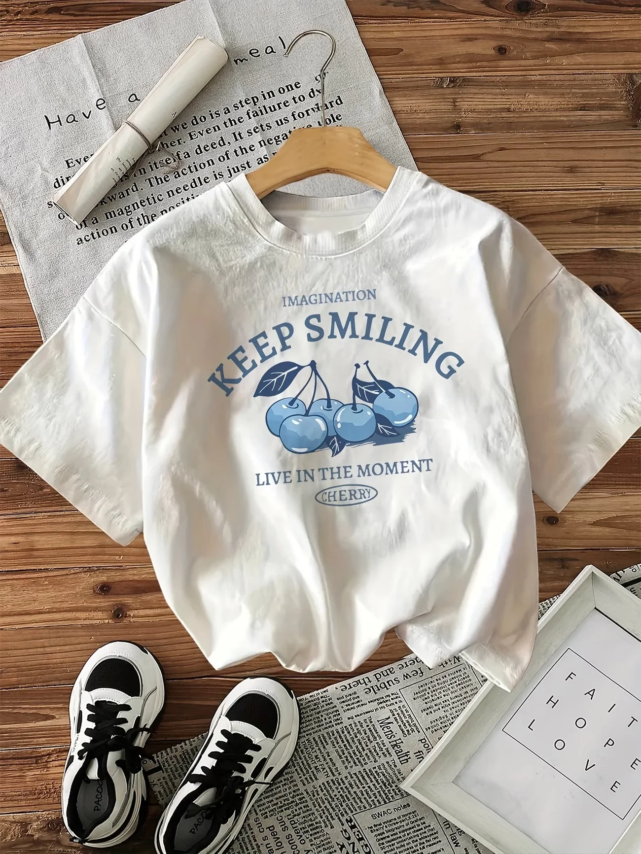 Keep Smiling Cherry Graphic T Shirt Women Men Summer Short Sleeve Casual Kawaii Fruit Letter Print Harajuku Korean Fashion Top