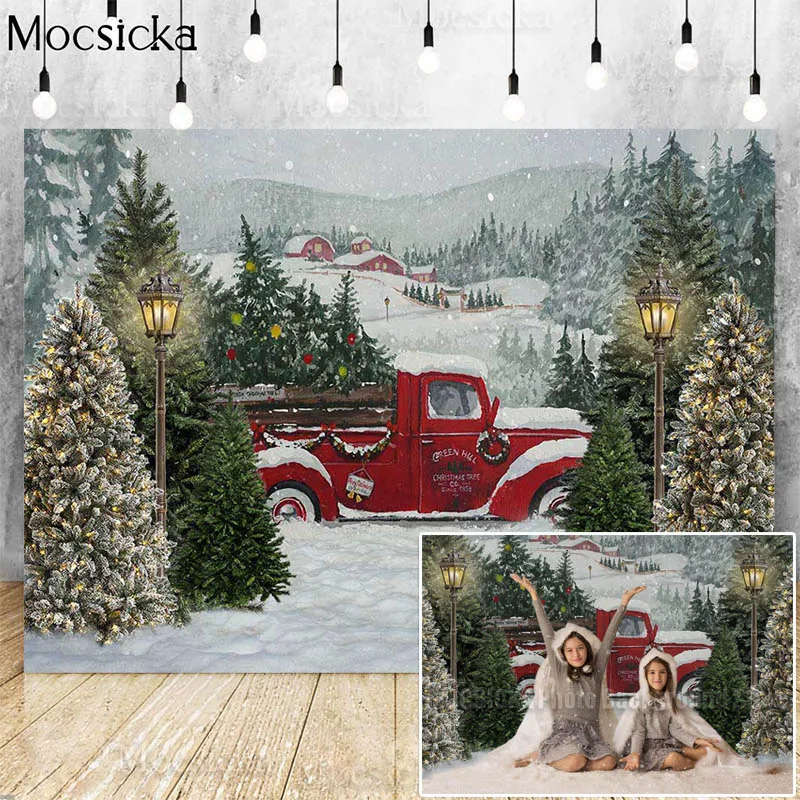 

Christmas Red Truck Photography Backdrop Christmas Trees Winter Snow Snowflake Decor Kid Family Portrait Photo Background Studio