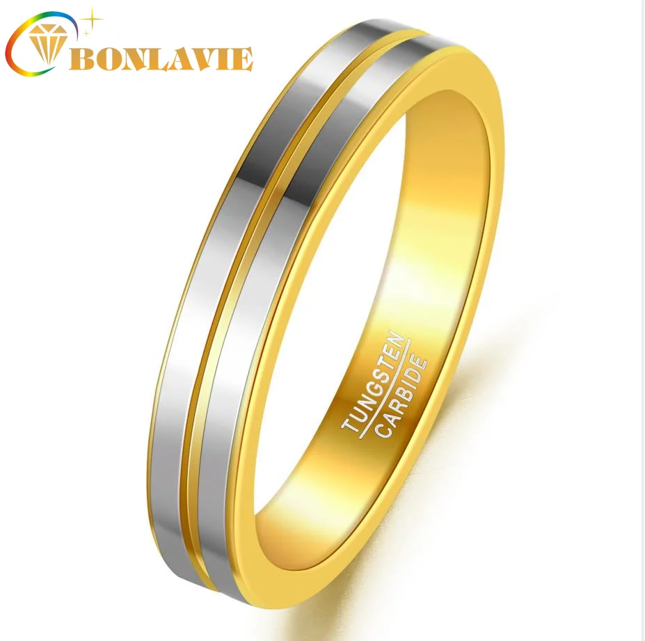 

BONLAVIE Fashion Groove Inner Ring Gold Color Surface Polished Tungsten Steel Ring Men's Engagement Jewelry