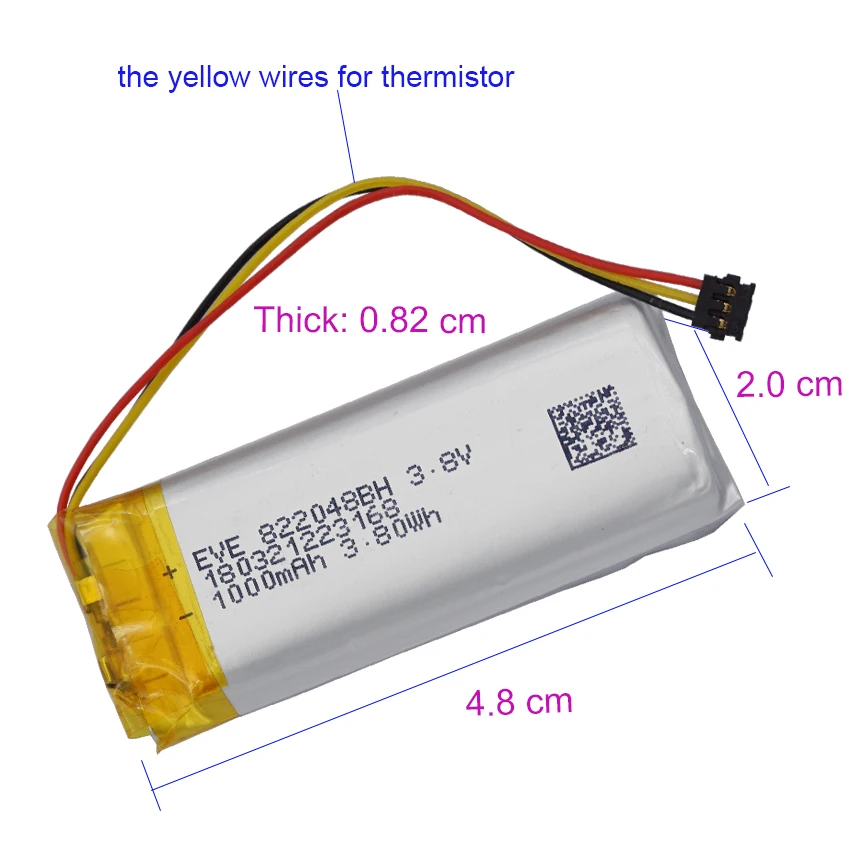 Lot de 2 thermistances 3.8V, 1000mAh, 822048, 3 fils, batterie Li Lipo polymère, 3 broches, connecteur MX1.2, compatible avec le contrôleur d'index de assujet