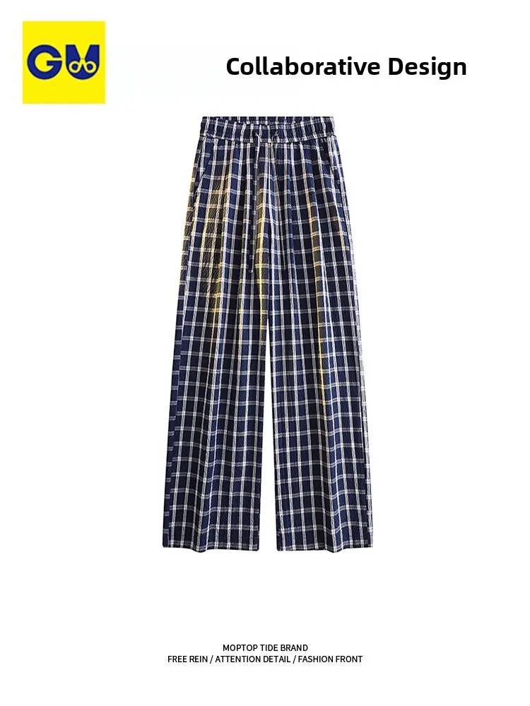 

ex клетчатые широкие брюки свободного покроя, повседневные брюки в американском стиле ретро, летние брендовые ленивые модные брюки Mmoptop, смесь хлопка из полиэстера