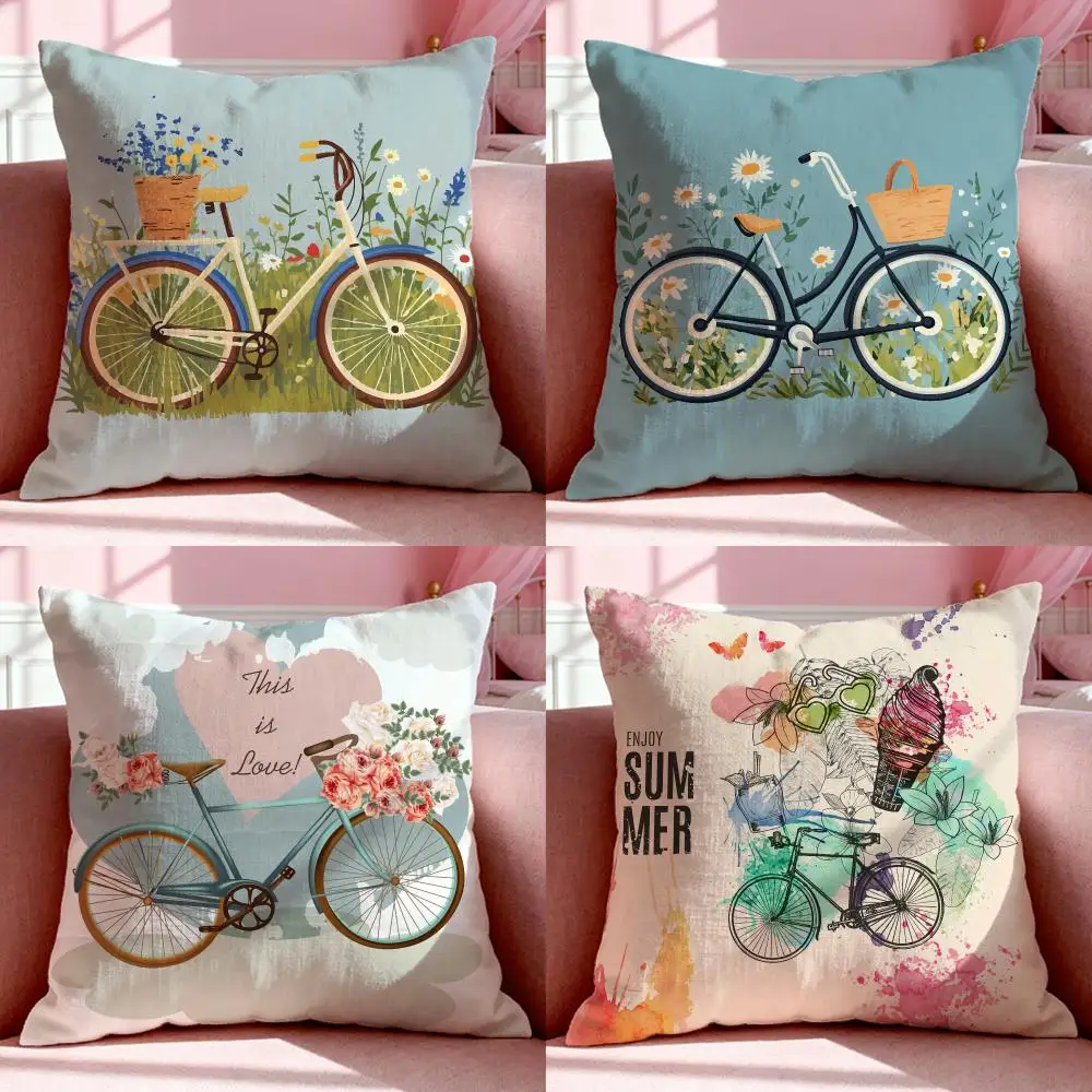 Floral Art Bicycle Flower Cushion Cover Short Plush Breathable Pillowcase Odorless Invisible Zipper Washable Removable