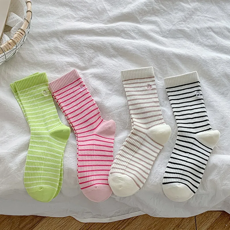 Women'S Stockings Cotton Socks Stripes Leisure Middle Barrel Socks Pink Socks For Women High Resilience Skin-Friendly Socks