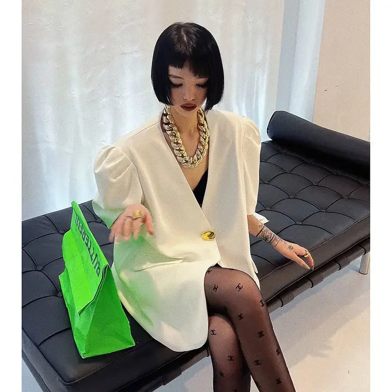 V-neck Bubble Short Sleeve Blazer Women Y2k Top Korean Fashion Jacket Casual Loose Coats White Black Blazer