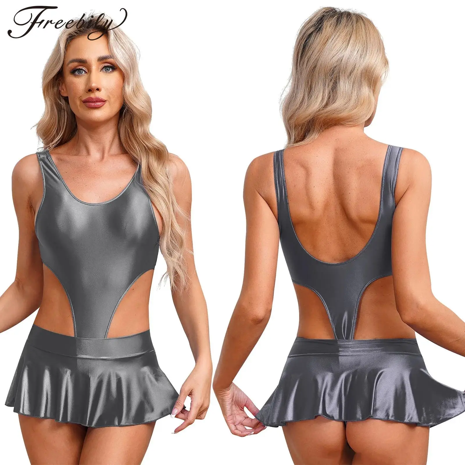 

Women Glossy Outfit Sleeveless Backless Bodysuit with Ruffled Mini Skirt Swimwear Pool Party Beach Swimsuit Beachwear Nightwear