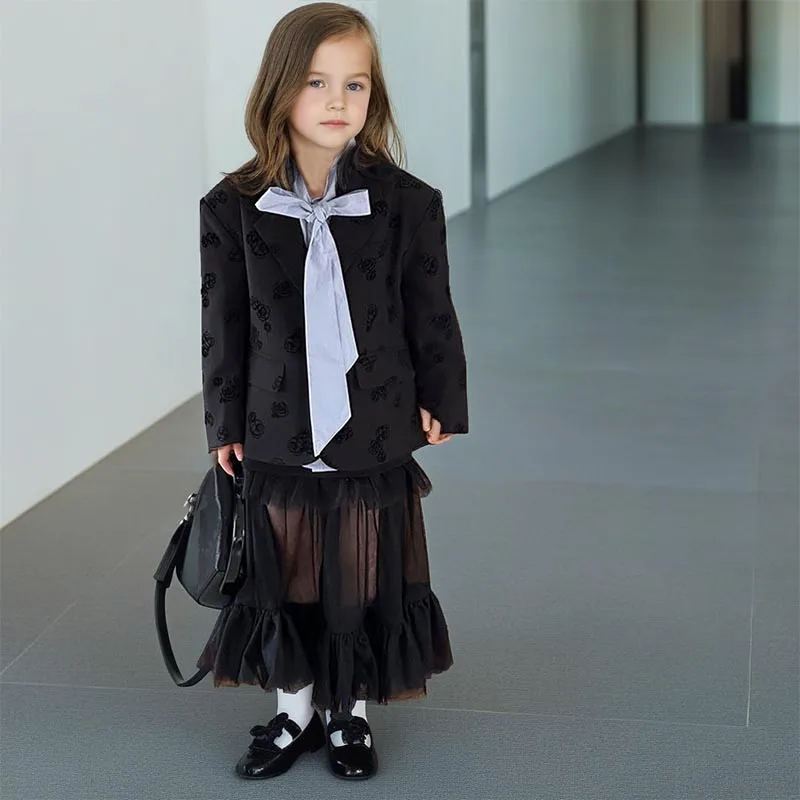 

Girls Suit Set 2025 Spring New Casual Printed Blazer Jacket Mesh Skirt Two-piece School Kids Clothes 2 To 13 Y Children Outfits