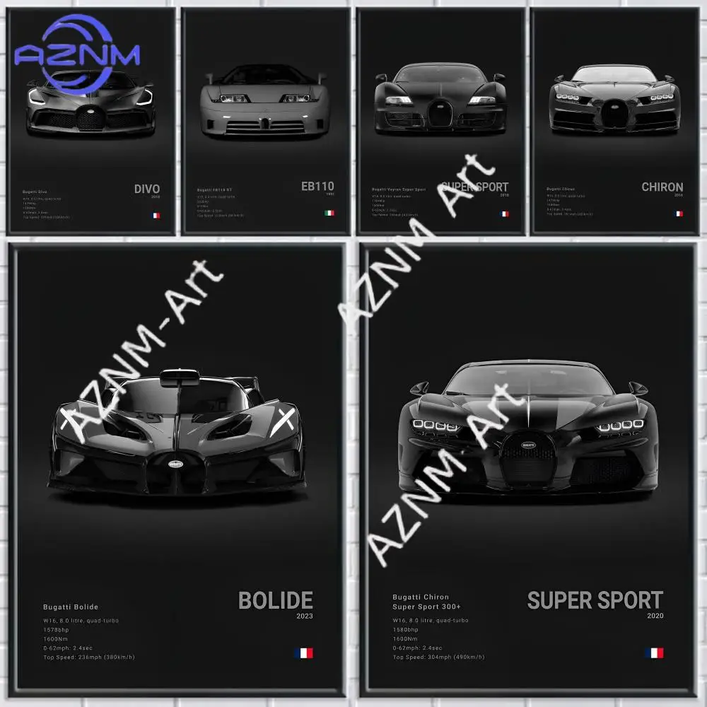Schwarzes cooles Supercar B-Bugatti V-Veyron-Poster, Raumwandkunst, Dekor, wasserfeste Aufkleber für Zuhause, Bar, Schlafzimmer, Dekoration