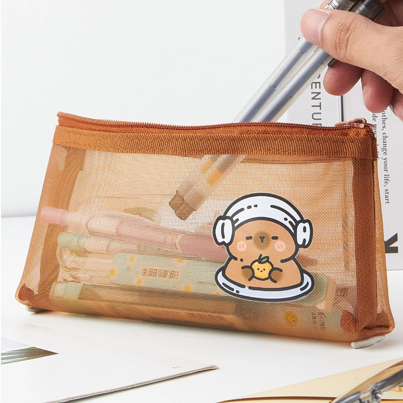 Capybara Mesh Pencil Bag Large Capacity Storage Bag Cartoon Design Simple Transparent Stationery Storage Bag