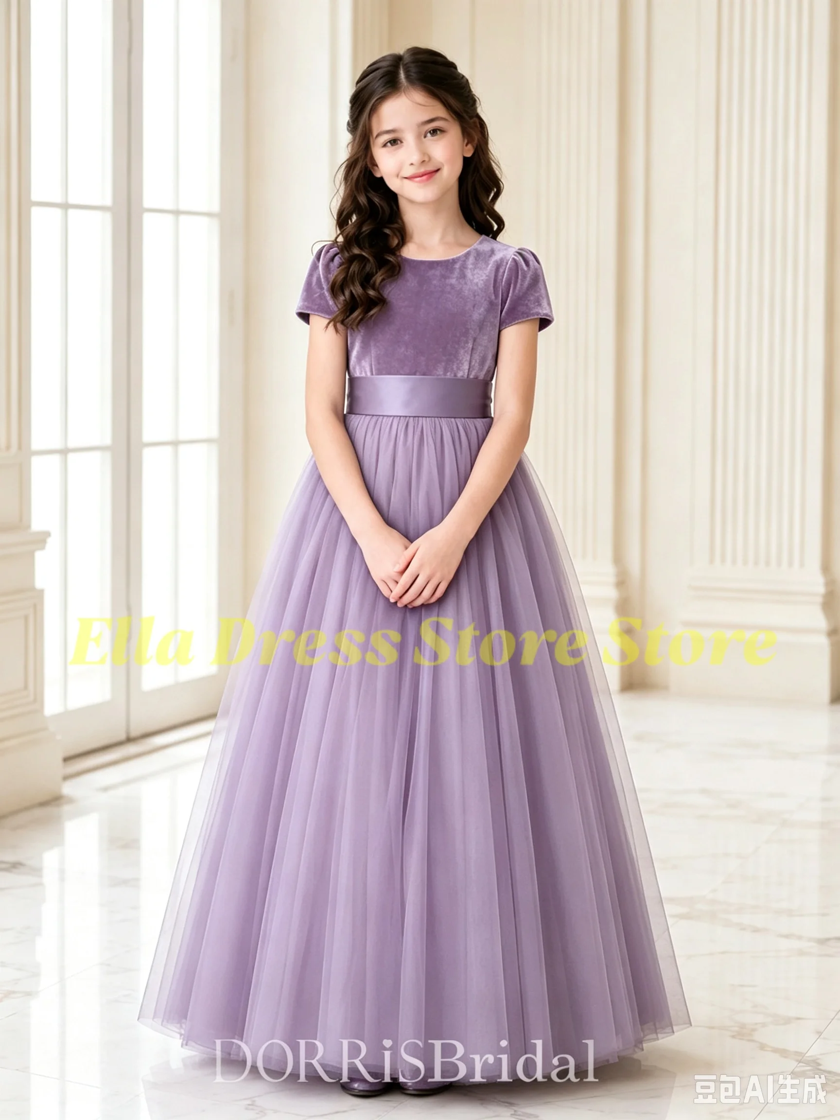 Maßgeschneidertes Blumenmädchenkleid für Hochzeiten, Kurzarm, Hohe Taille, Bodenlang, Elegantes Kinder-Geburtstagskleid, Erstkommunionkleid – Detail 5