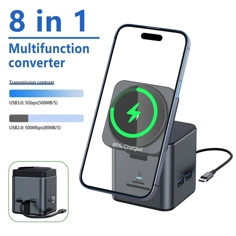 8 IN 1 Magnetic Wireless Charger For iPhone 15 14 13 12 Hub HDMI-Compatible USB Type C Converter For Macbook SD/TF Dock Station