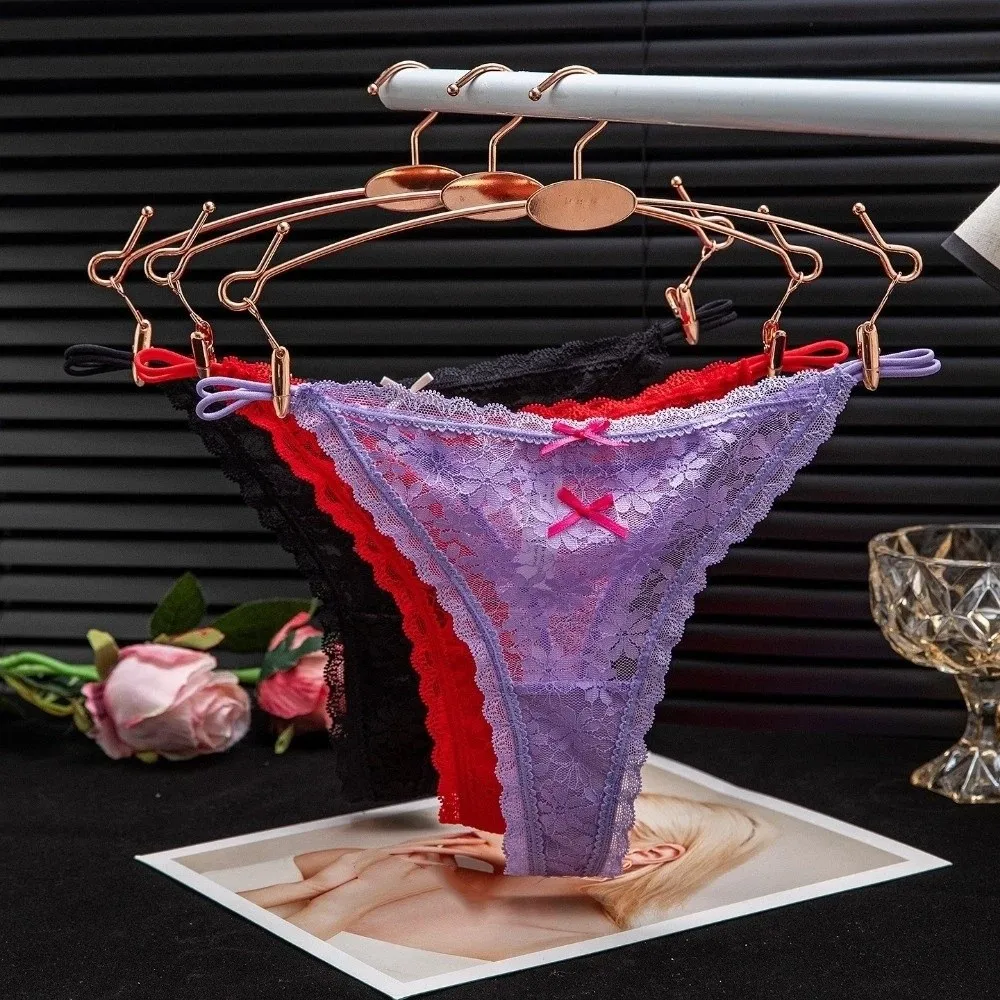 Briefs Transparent Lace Thong Women Hollow Out Thin Strap Seamless Underwear Panties Mesh Lace Bow Underpants Women