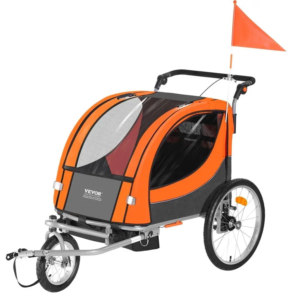 

Toddler Kids Bike Trailer Double Seat 2in1 Canopy Stroller Foldable Child Carrier with Universal Bicycle Coupler Orange Gray