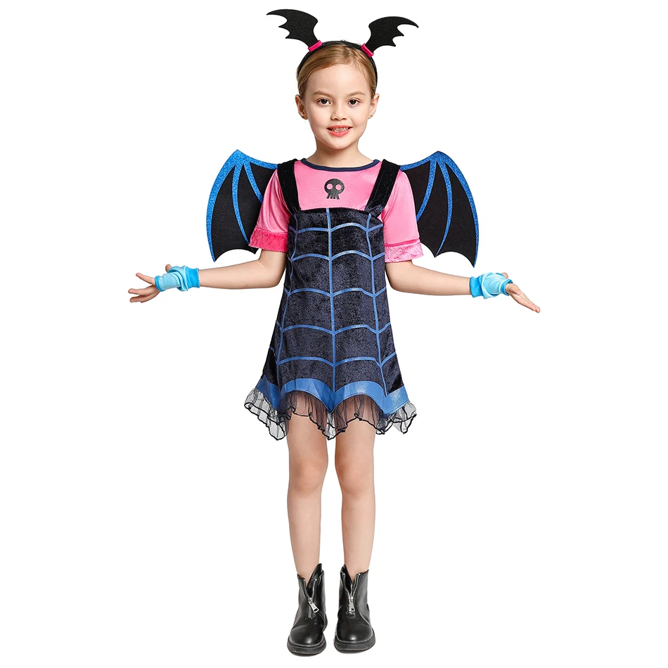 Disney-Roupa infantil de vampiro disfarce, vestido de vampiro com asas e luvas, traje de Halloween feminino, dia de todos os santos