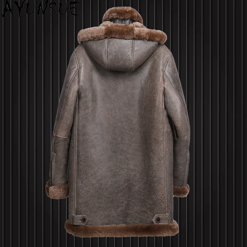 AYUNSUE Naturalny Płaszcz z Futra Męski Luksusowy 2025 Z Kapturem Zimowy Średniej Długości Kurtki ze Skóry Naturalnej Owczej Męskie Super Ciepłe Płaszcze z Futra