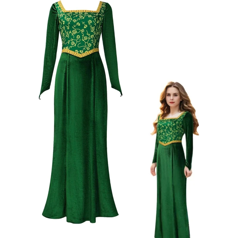 

Anime Princess Fiona Long Dress Shrek Cosplay Costume Women Sexy Velvet Green Dress Halloween Carnival Party Outfit