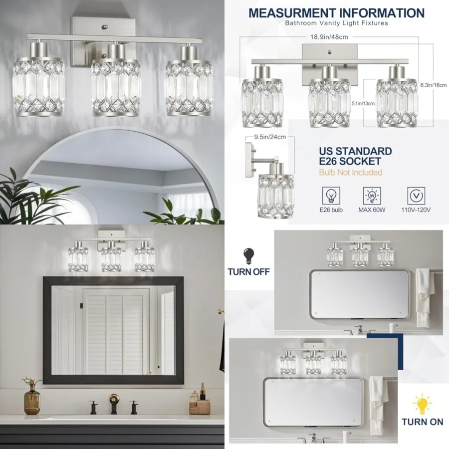 

Crystal Modern Bathroom Light Fixtures, Bathroom Vanity Wall Light, Vanity Lights for Mirror, Restroom, Bedroom E26 Socket, Bul