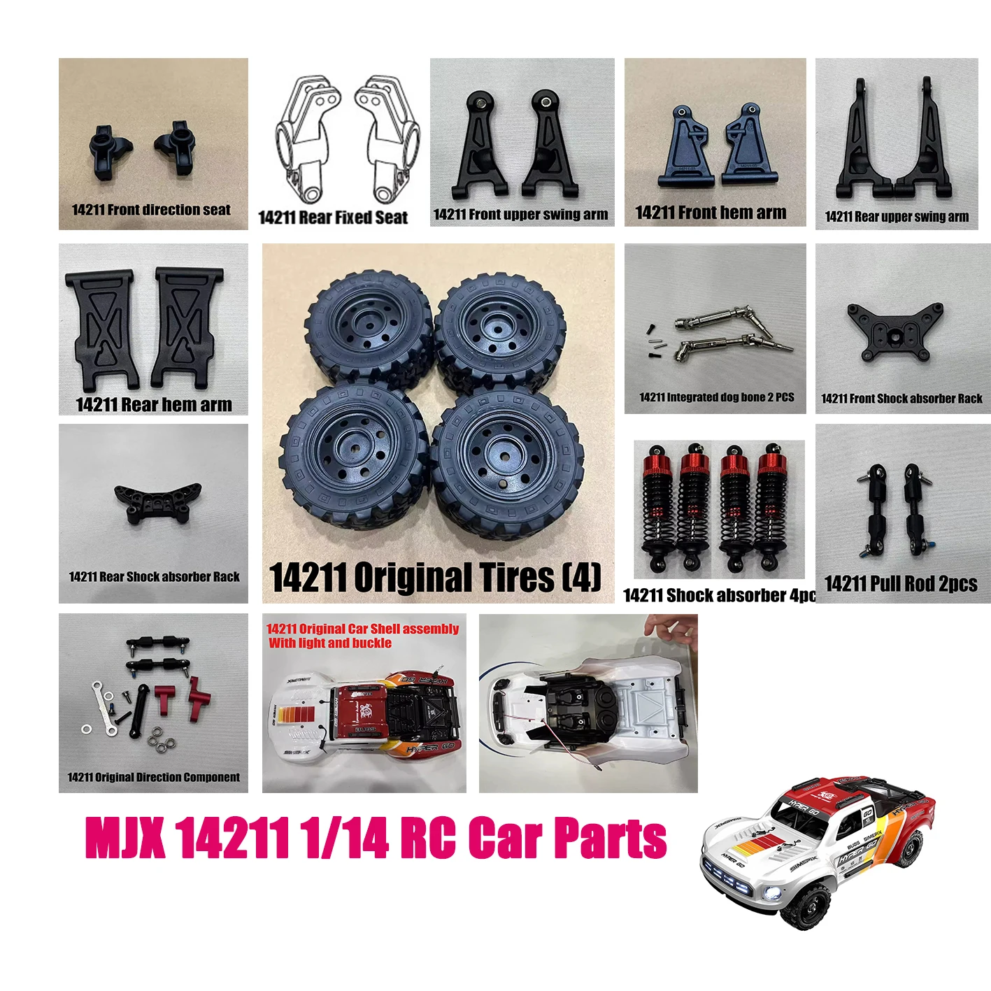 Peças para Carro RC MJX 14211 1/14: Suporte Fixo de Direção para Caminhão Curto, Braço Oscilante Superior e Inferior, Peças Vulneráveis da Carroceria (Dog Bone)