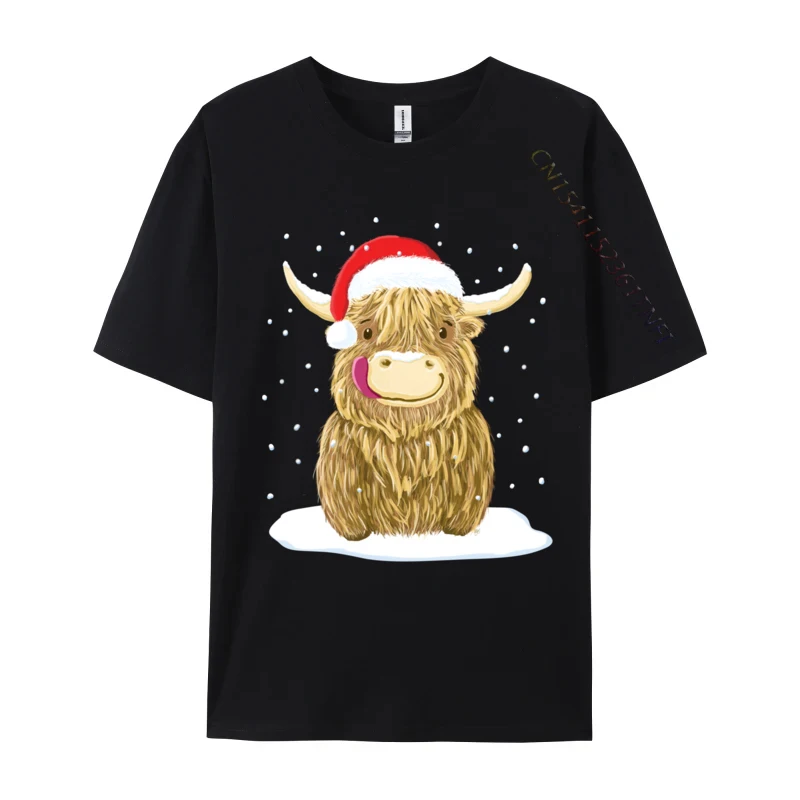 Scottish Highland Cow Christmas Snow T-Shirt Men 100 Percent Cotton T Shirt Cute Printed Tees Fall Top Quality