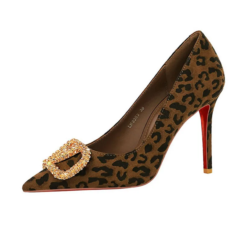 

Burgundy Heels 10cm Ladies Party Shoes Spring Pionted Toe Square-framed Rhinestone Leopard Shoes Woman Pumps Heels