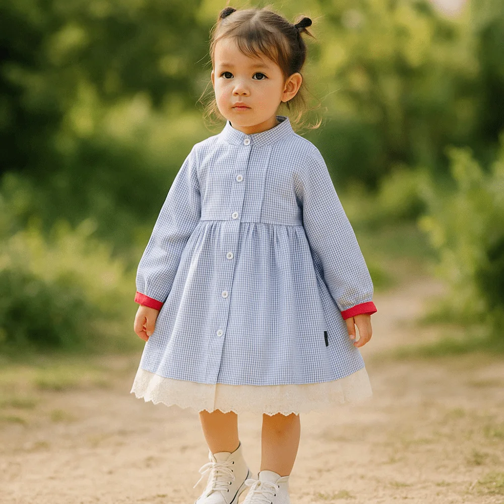 

High Waist Pleated Lace Grid Dress Stripe Loose Girls Long Dress Ballet Style A-line Children Long Sleeved Dress Party