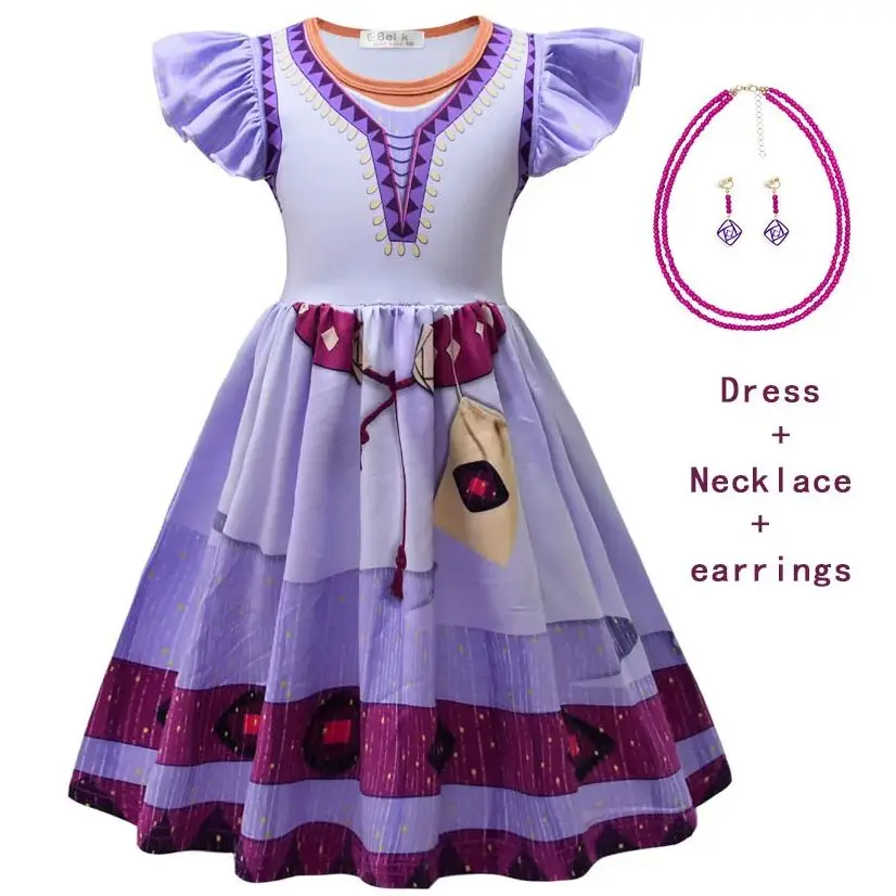 Girls Purple Princess Dress Flying Sleeve Asha Cosplay Costume Wish Movie Fancy Carnival Party for 3-10Yrs Girls Kid Clothing