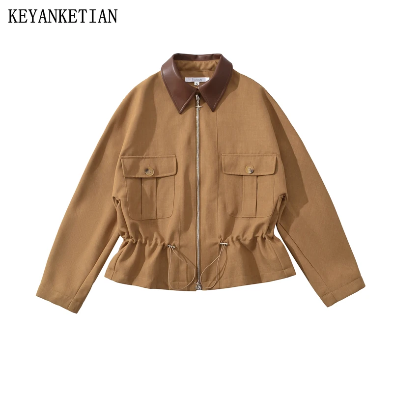 

KEYANKETIAN 2025 Autumn New Safari Style Leather lapel Jacket Drawstring Design Flap Pockets Women Zipper Coat Short Blazer Top