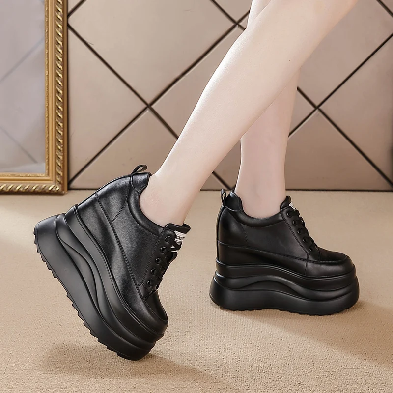 13 سنتيمتر إسفين مضخات الخريف جلد طبيعي الربيع الشتاء الأحذية المخفية الكعوب الأخفاف النساء منصة عالية العلامة التجارية أحذية نسائية