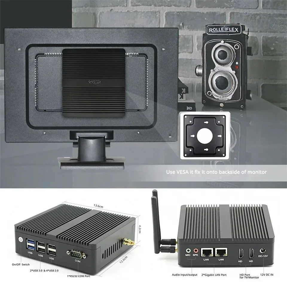 J4125 J4105 كمبيوتر مكتبي مدمج Ops 12V Ubuntu Office Oem بدون مروحة Rs232 Micro Windows10 Mini Pc