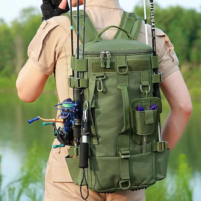 Multifunctional Fishing Backpack Tackle Bag with Rod Holders Fish Equipment Storage Molle Pack Camping Hiking Outdoor Sports Bag