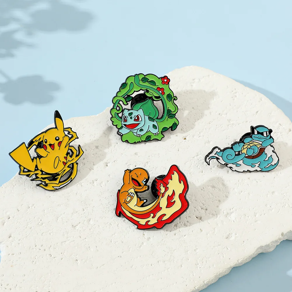 4Pcs Cute Pikachu Enamel Pins Set Bulbasaur Charmander Anime Metal Brooches Lapel Badges For Friends Fans Clothes Gift