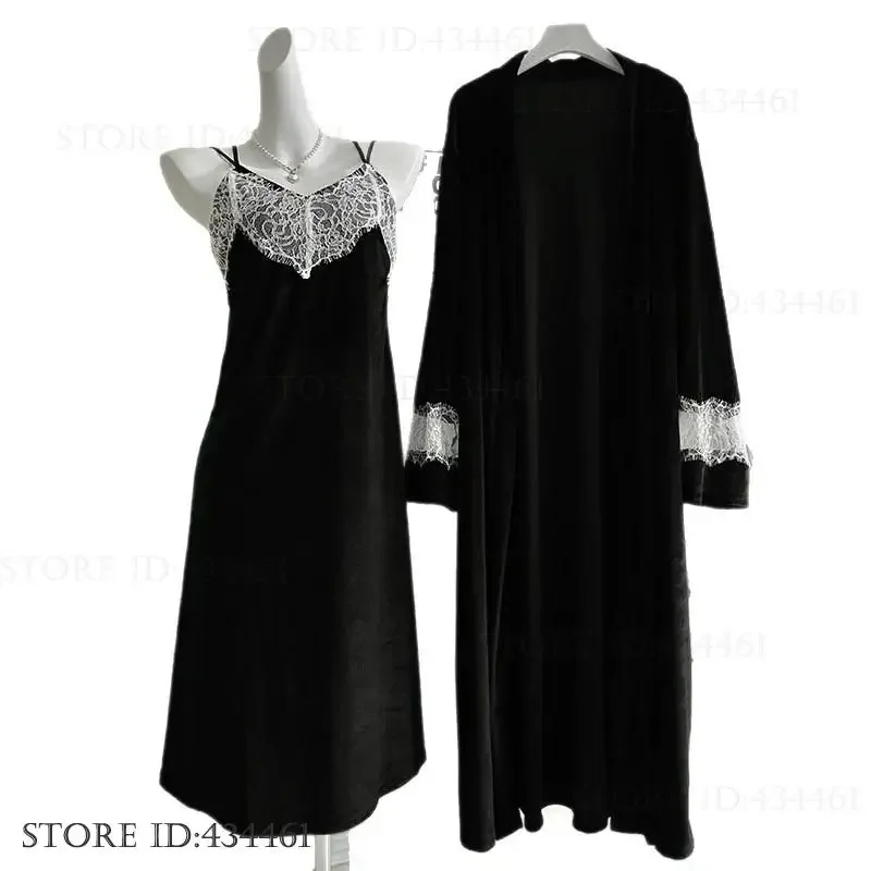 

Autumn Winter Velour Long Robe Nightgown Set Women's Sleepwear Patchwork Lace Suspender Nightdress Loose Velvet Homewear Pajama