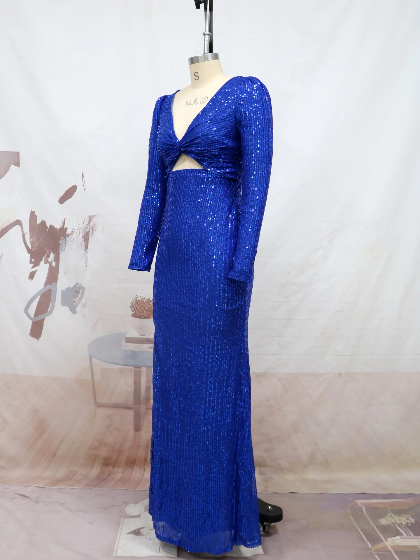 Deep V Neck Sequin Formal Evening Maxi Dress Long Sleeve Sexy Cut Out Front Split Blue Waist Ruched Gown Dress Prom Ball Party