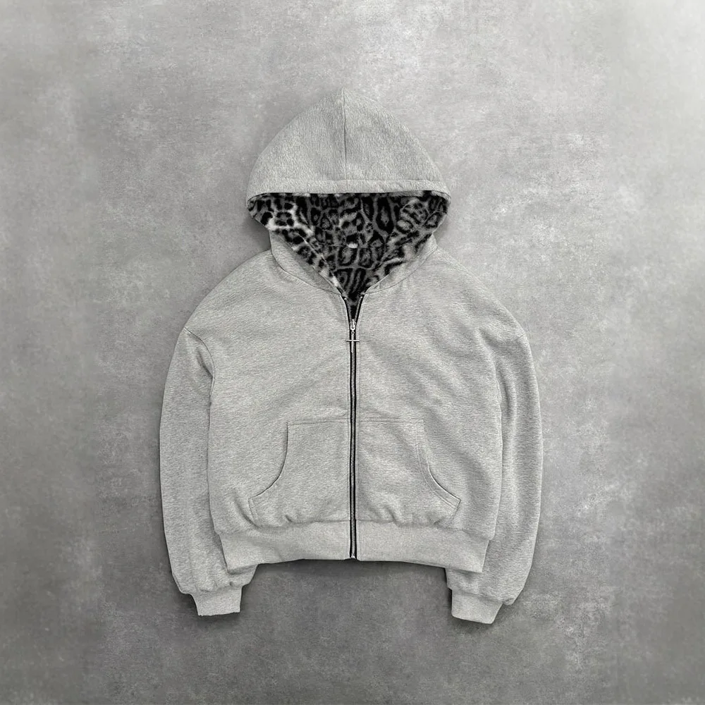 Retro Leopard Print Stylish Loose Zipper Hoodie Y2K Fashion Double-sided Wearable Men's Street Casual Sweatshirt Women's Top