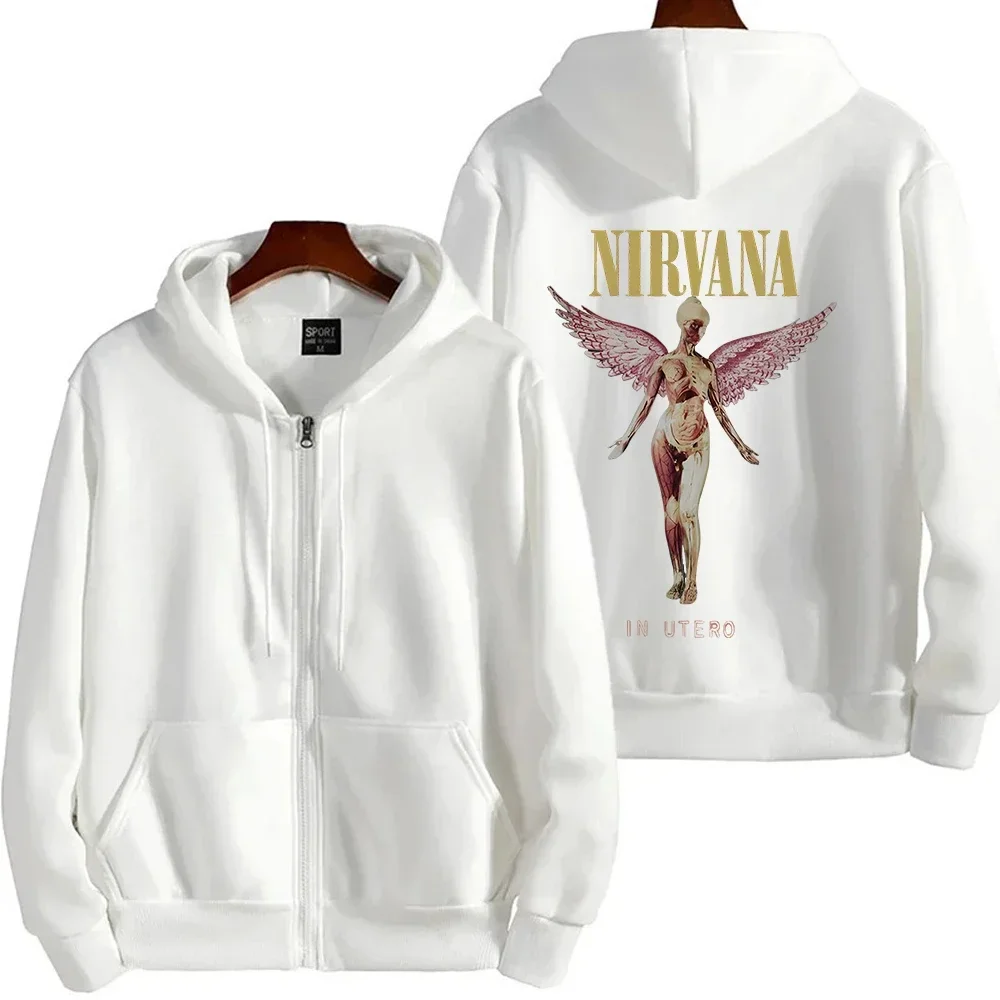 Unisex-Fleece-Hoodie mit Reißverschluss, Nirvana In Utero Angel Grafikdruck, Vintage 90er Jahre Rockband, lockerer Schnitt, Sweatshirt mit durchgehendem Reißverschluss – Detail 4