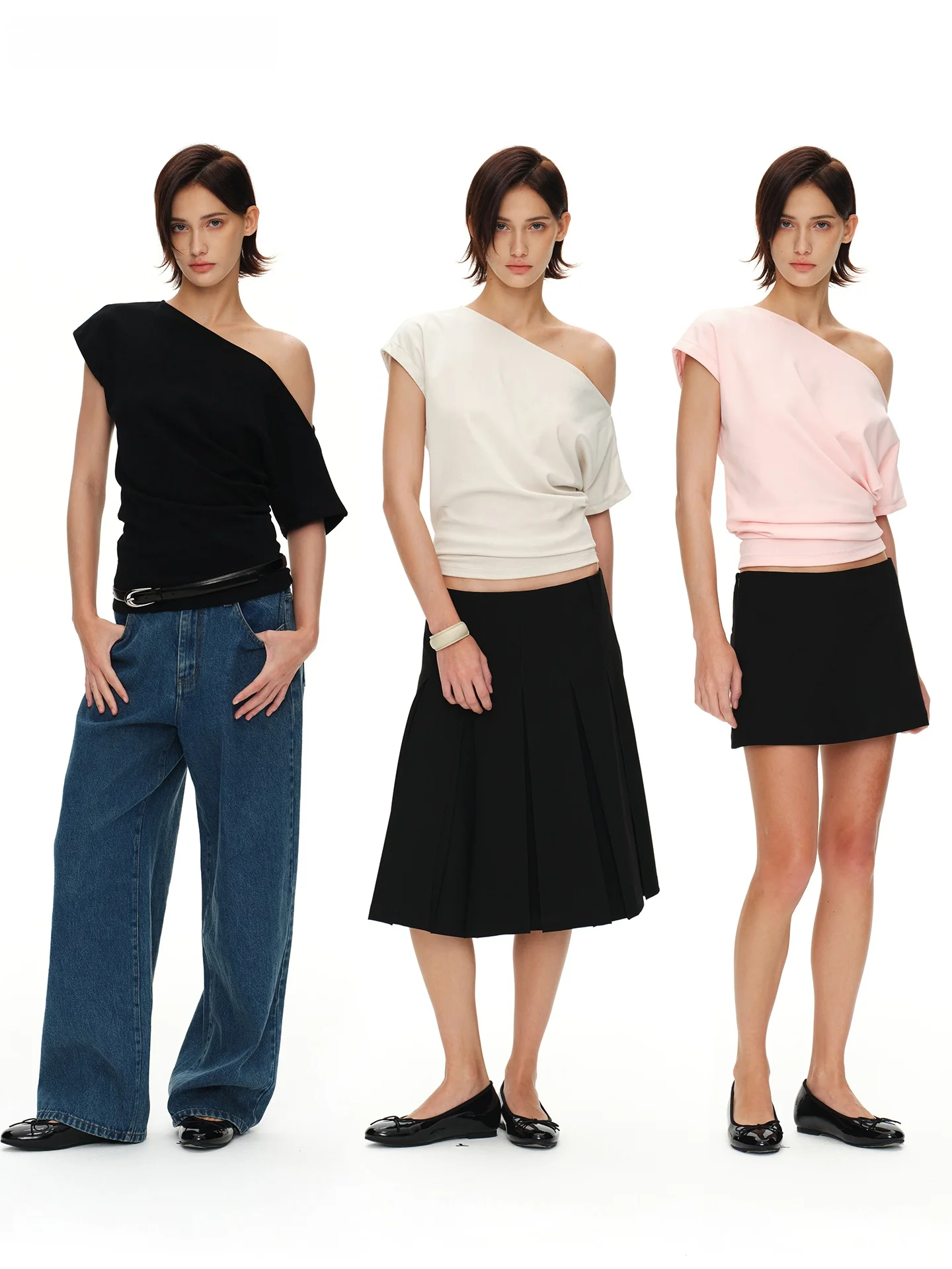

Slim Fit Asymmetrical Shoulder Short Sleeve T-Shirt Women's Fashionable Non Restrained Design Breathable Cotton Blend Top