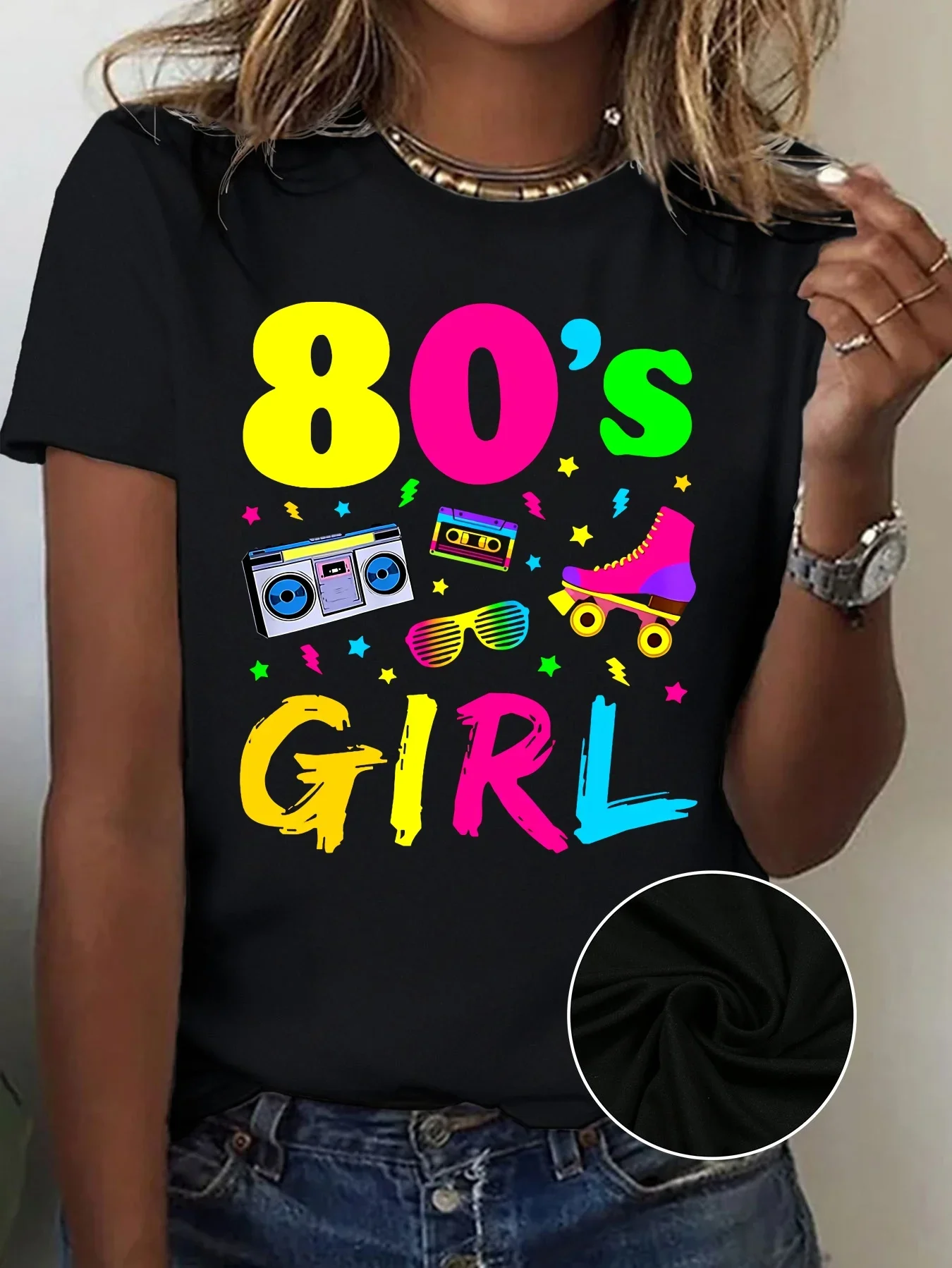 Manga Poliéster Spandex Mezcla Cuello redondo Camisa gráfica elástica media Niña Retro Radio y patines Camiseta estampada Casual