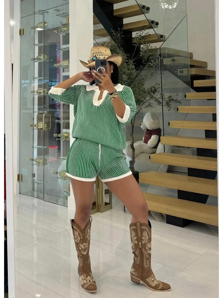

Three Sisters Spring Summer New Fashion Casual Comfort Party Prom Woman Clothes Stripe Half Sleeve Ladies Two Piece Sets