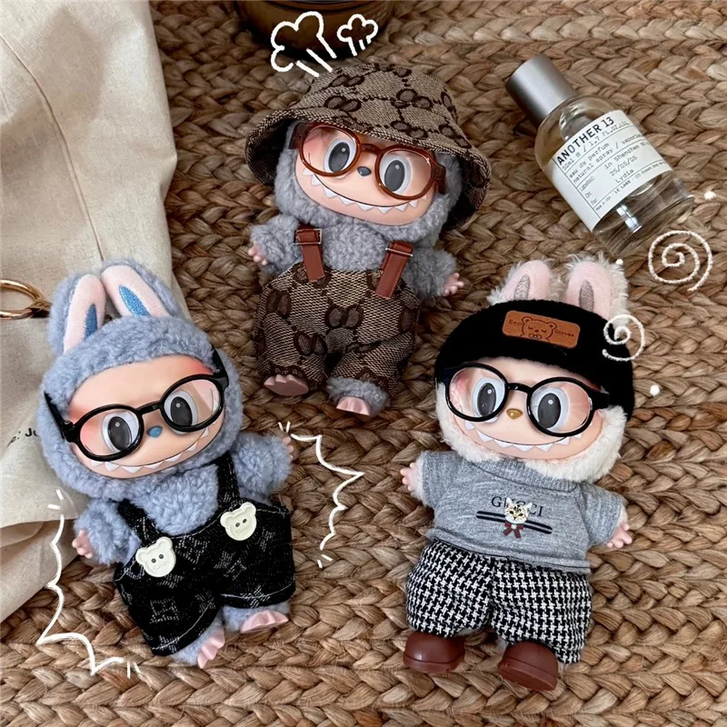 Ropa estampada para muñeca Labubu de 15 y 17cm, conjunto de falda con lazo y sombrero II, accesorios de traje DIY para casa de muñecas, juguetes para sentarse a la moda, regalos para niñas