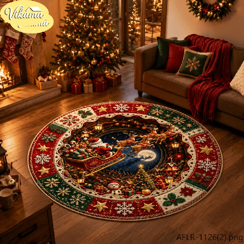 VIKAMA Christmas Round Rug Non Slip Santa Sleigh Reindeer Design Carpet for Bedroom Living Room Washable Festive Home Decor