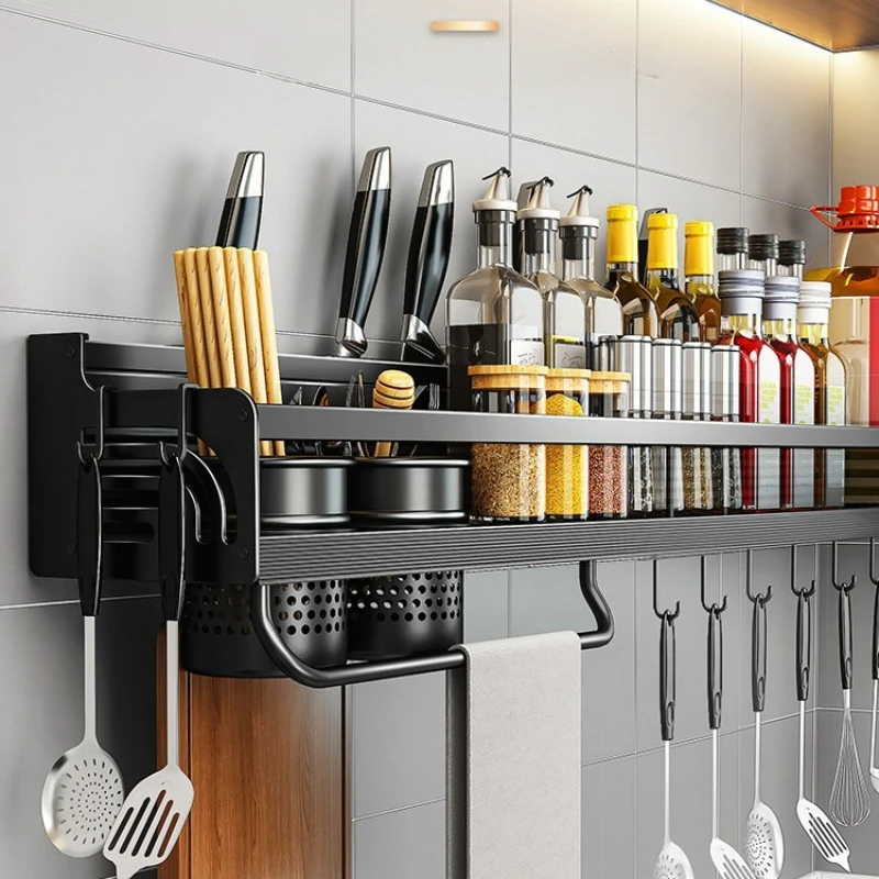 

Kitchen Shelf Wall-mounted Spice Storage Racks Punch-free Kitchen Knife Holder Wall Season Bottle Chopstick Tube Shelf Organizer