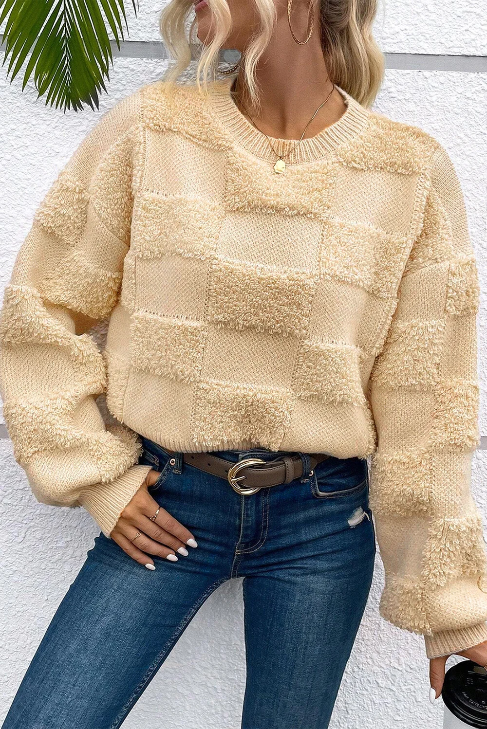 Women's Beige Textured Checkered Knit Sweater Crew Neck Fluffy Patchwork Oversized Casual Long Sleeve Pullover