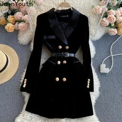 Autumn Winter Robe Femme Double Breasted Slim Velvet Dress for Women Vintage Elegant Solid Color Lapel Collar Vestidos De Mujer