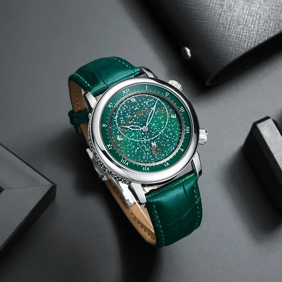 Automatic Watch for Men Mechanical Movement Rose Gold Leather Luxury Carved Rotating Starry Sky Luminous Reloj Hombre Baratos